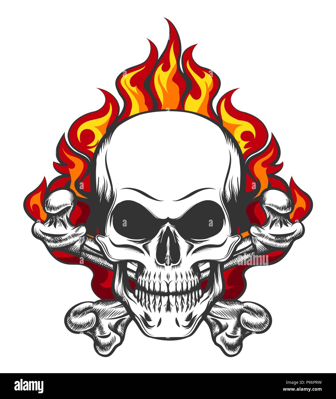 Vintage dessinés à la main et les os du crâne stylisé en flammes dans le style de tatouage. Vector illustration. Illustration de Vecteur