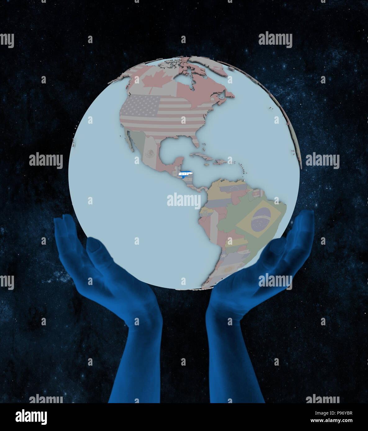 Le Honduras avec drapeau sur le globe dans les mains dans l'espace. 3D illustration. Banque D'Images