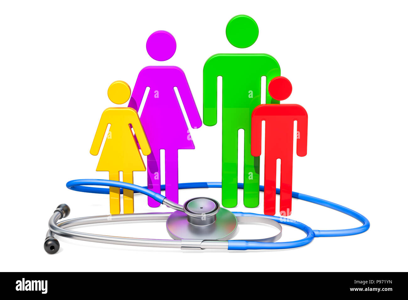 Stéthoscope avec famille. Les soins de santé et d'assurance médicale concept. Le rendu 3D Banque D'Images