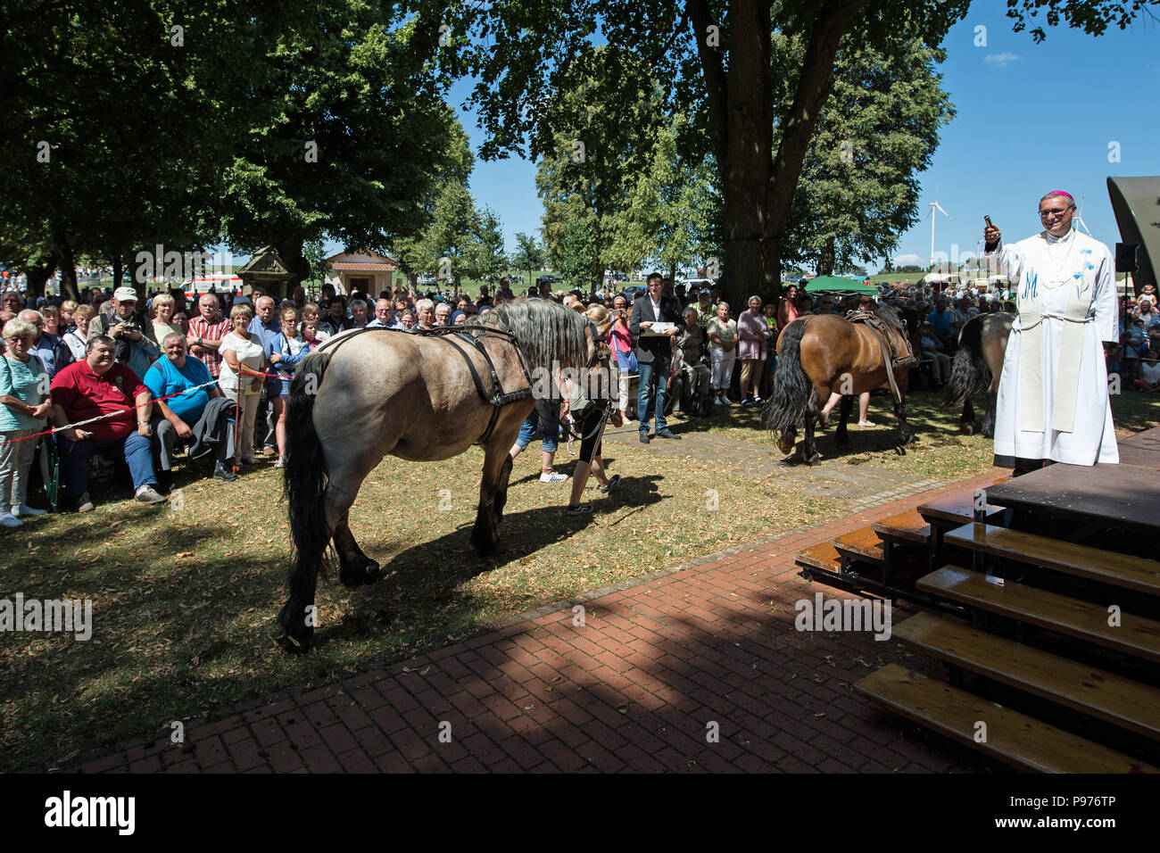 Etzelsbach, Allemagne. 15 juillet, 2018. Stefan Hesse, archevêque de Hambourg, bénit les chevaux après la messe pour le Mariae Heimsuchung (lit. Visitation de Marie) jour de fête à l'Etzelsbach chapelle de pèlerinage. Credit : Swen Pförtner/dpa-Zentralbild/dpa/Alamy Live News Crédit : afp photo alliance/Alamy Live News Banque D'Images