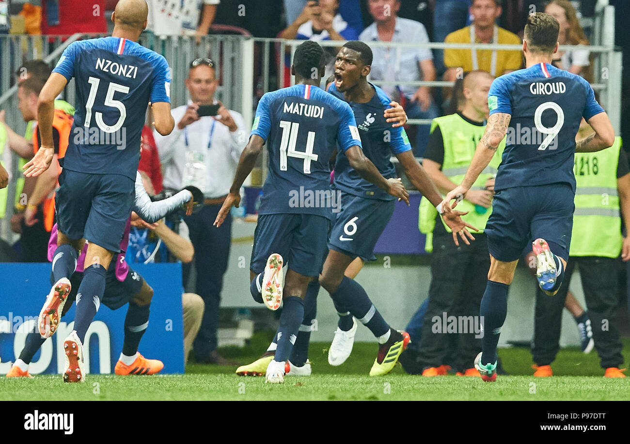 Moscou, Russie. 15 juillet 2018. Paul POGBA, FRA 6 célèbre son but 3-1, ils applaudissent, joie, émotions, célébrer, rire, ils applaudissent, se réjouir, de déchirer les bras, serrant le poing, FRANCE - COUPE DU MONDE FIFA Football CROATIE RUSSIE 2018, final, de la saison 2018/2019, le 15 juillet 2018 stade Luzhniki de Moscou, Russie. © Peter Schatz / Alamy Live News Banque D'Images