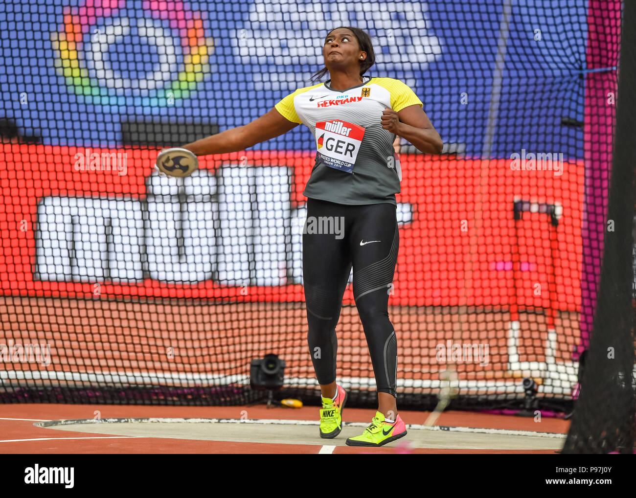 Claudine Vita (GER) dans le lancer du disque lors de la Coupe du monde d'athlétisme 2018 à Londres Londres Stadium le dimanche, 15 juillet 2018. Londres, Angleterre. Credit : Taka G Wu Banque D'Images