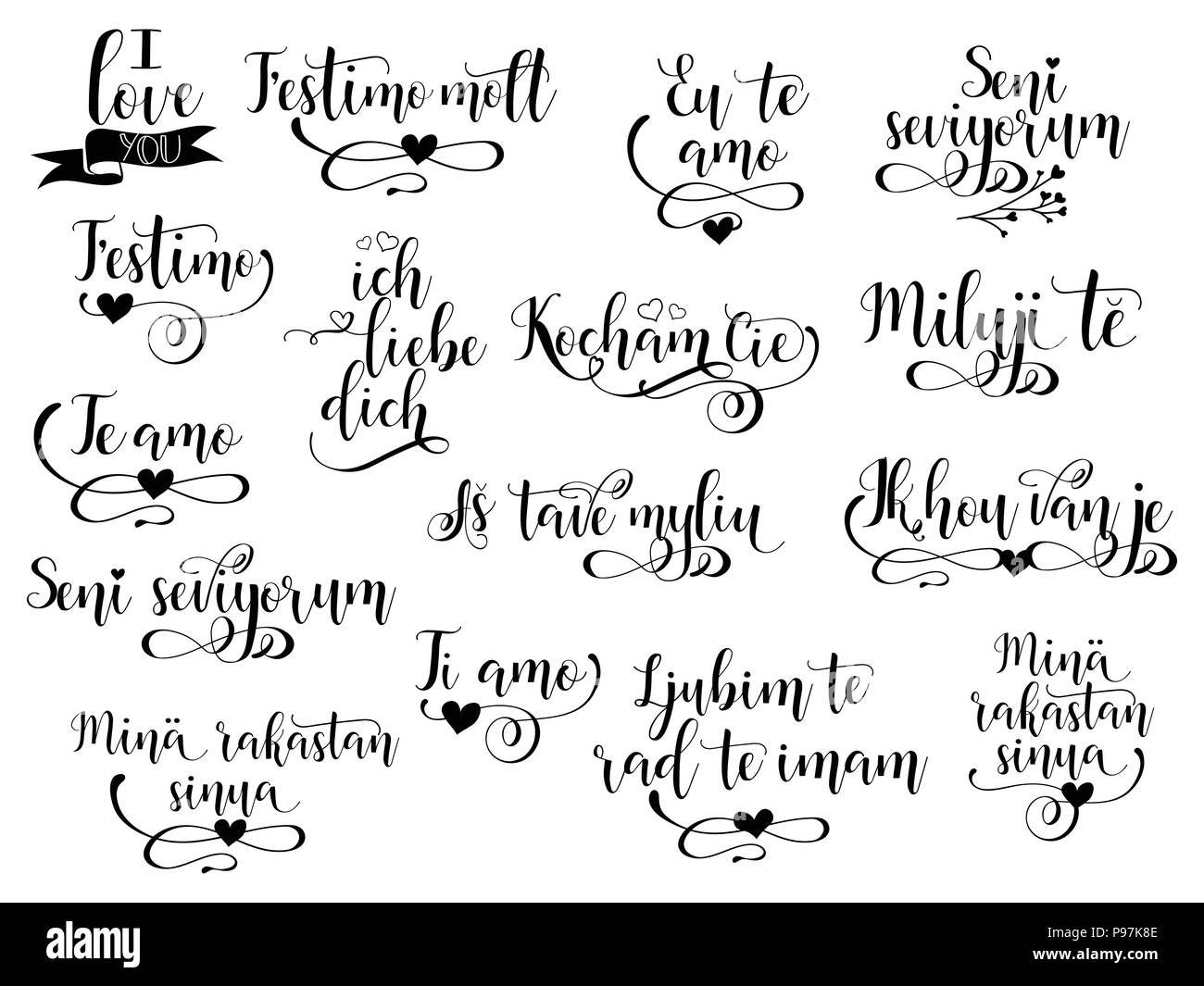 Ensemble de 16 Je t'aime de phrase part le lettrage en de nombreuses langues. Programme pour la Saint-Valentin. Isolé sur fond blanc. Illustration de Vecteur