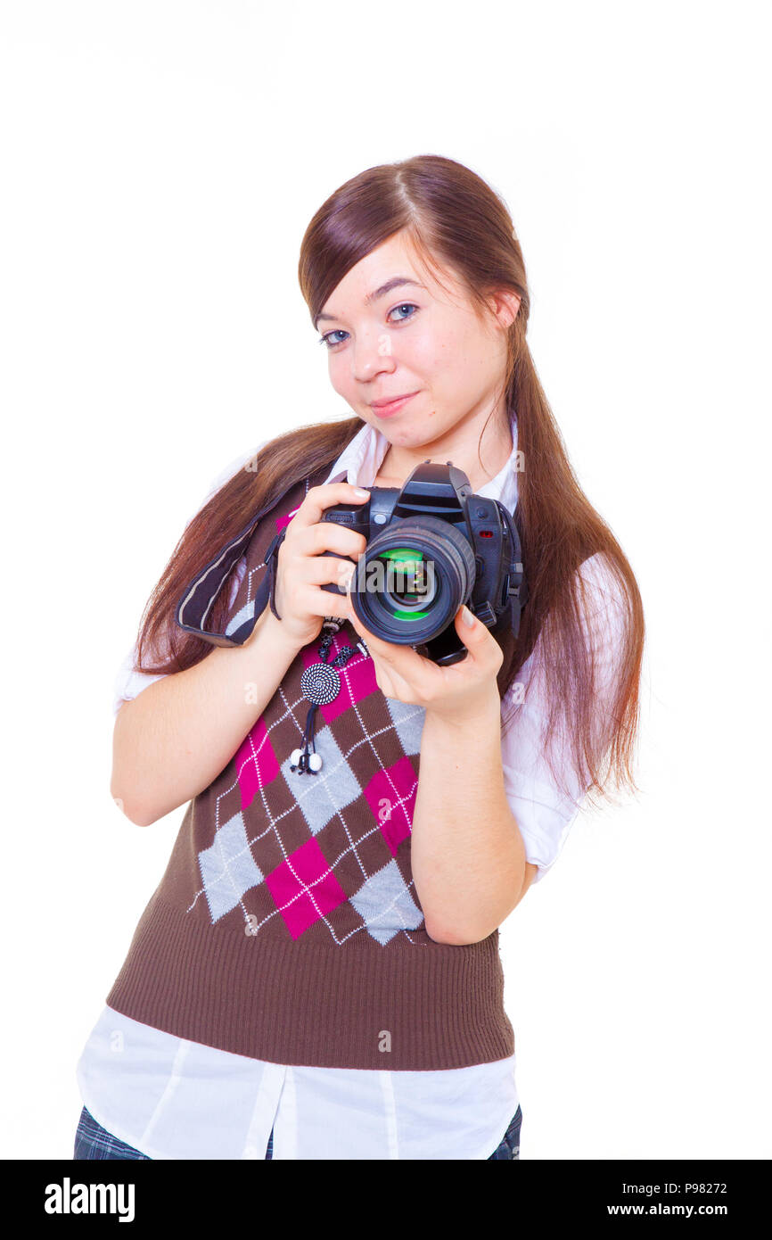 La jeune fille avec l'appareil isolé Banque D'Images