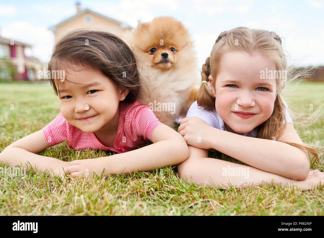 Deux petites filles posant avec Puppy Outdoors Banque D'Images