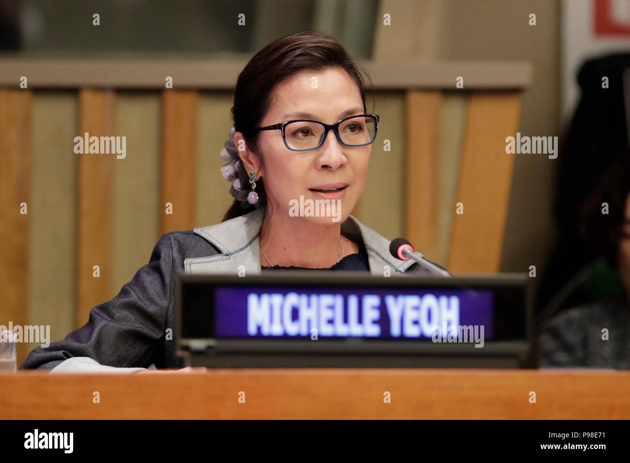 Organisation des Nations Unies, New York, USA, 16 juillet 2018 - actrice Michelle Yeoh, Ambassadrice de bonne volonté du Programme des Nations Unies pour le développement pour les odd préconise aujourd'hui au siège des Nations Unies à New York. Photo : Luiz Rampelotto/EuropaNewswire dans le monde d'utilisation | Banque D'Images