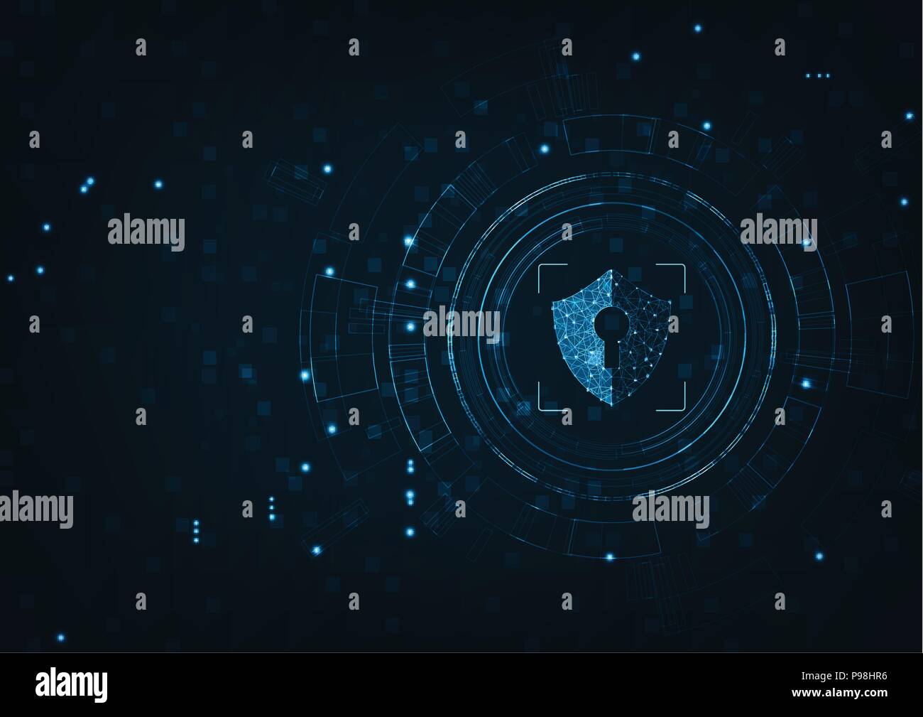 La technologie de l'Internet Cyber security data concept de protection de virus informatique attaque avec l'icône de serrure du bouclier bleu sur fond abstrait. Illustration de Vecteur