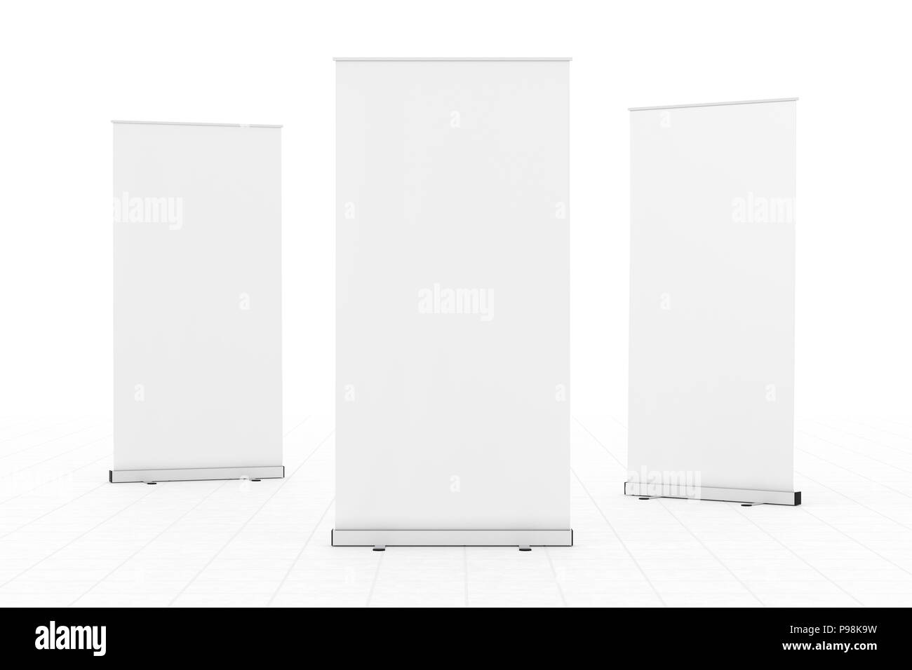 Blank white roll-up banner isolé sur marbre blanc.  : Chemins de détourage autour de se lever et de bannière publicitaire. 3D render Banque D'Images