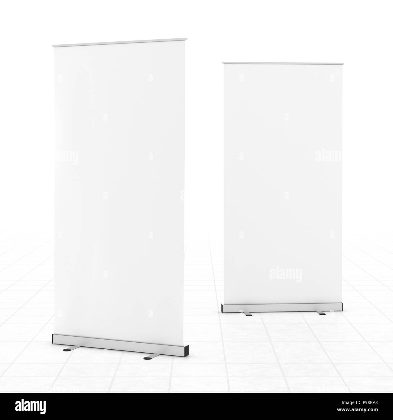 Blank white roll-up banner isolé sur marbre blanc.  : Chemins de détourage autour de se lever et de bannière publicitaire. 3D render Banque D'Images