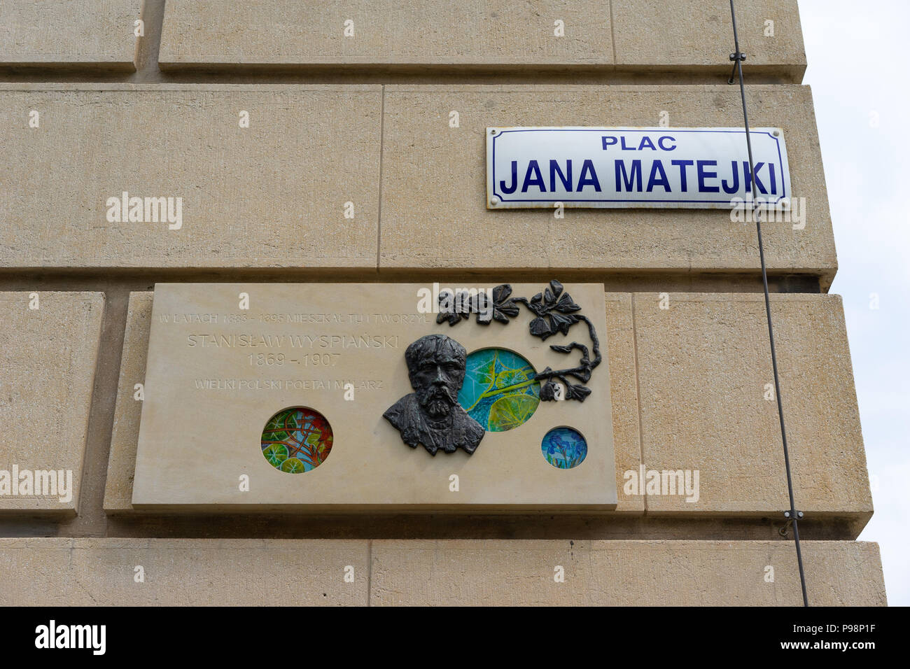 Plac Jana Matejki, plaque en l'honneur de Jan Alojzy Matejko, célèbre peintre polonais. Cracovie, Pologne, Europe. Banque D'Images