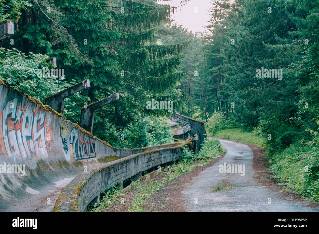 Le désormais ancien béton des Jeux Olympiques de Sarajevo 1984 piste de bobsleigh et de luge à travers la forêt des courbes, couverts de graffitis Banque D'Images