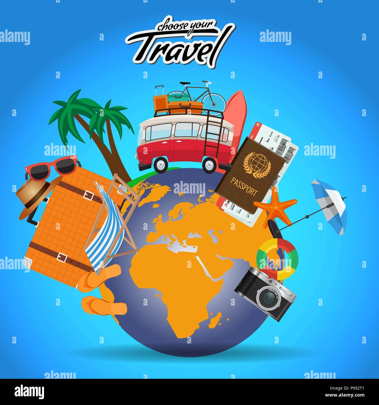 Conception de l'affiche de Voyage et Tour du monde entier avec des éléments  d'été. Publicité vecteur modèle de mise en page pour votre conception Image  Vectorielle Stock - Alamy