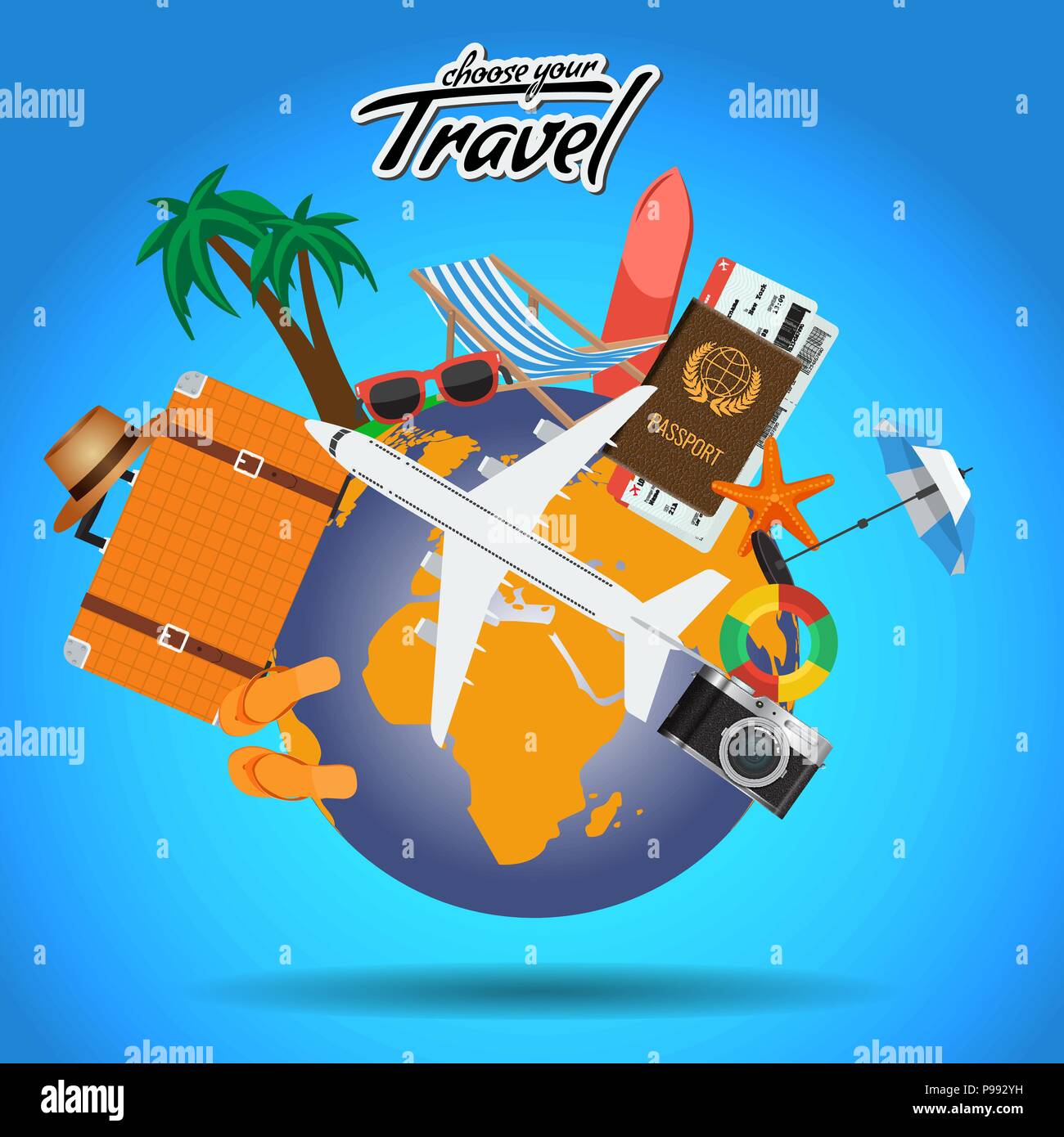 Conception de l'affiche de Voyage et Tour du monde entier avec des éléments d'été. Publicité vecteur modèle de mise en page pour votre conception. Illustration de Vecteur