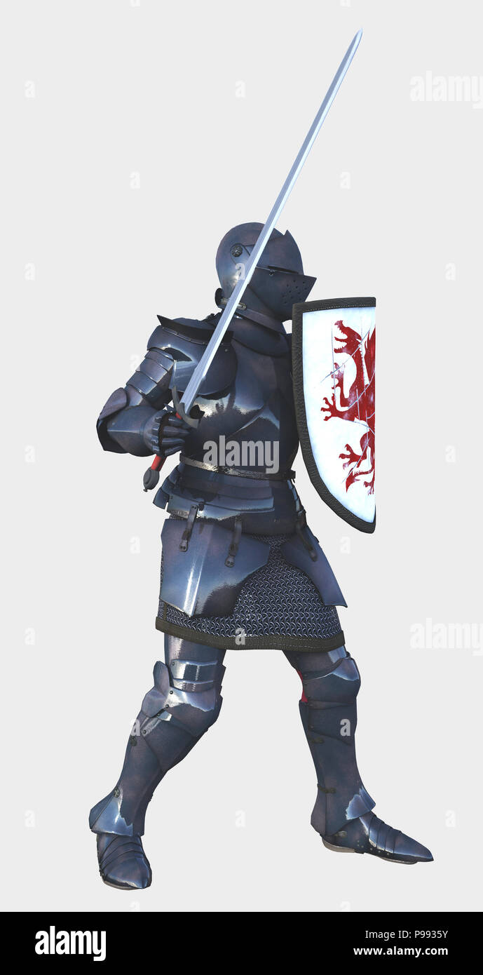 Chevalier médiéval avec Red Dragon Shield - vue latérale Banque D'Images