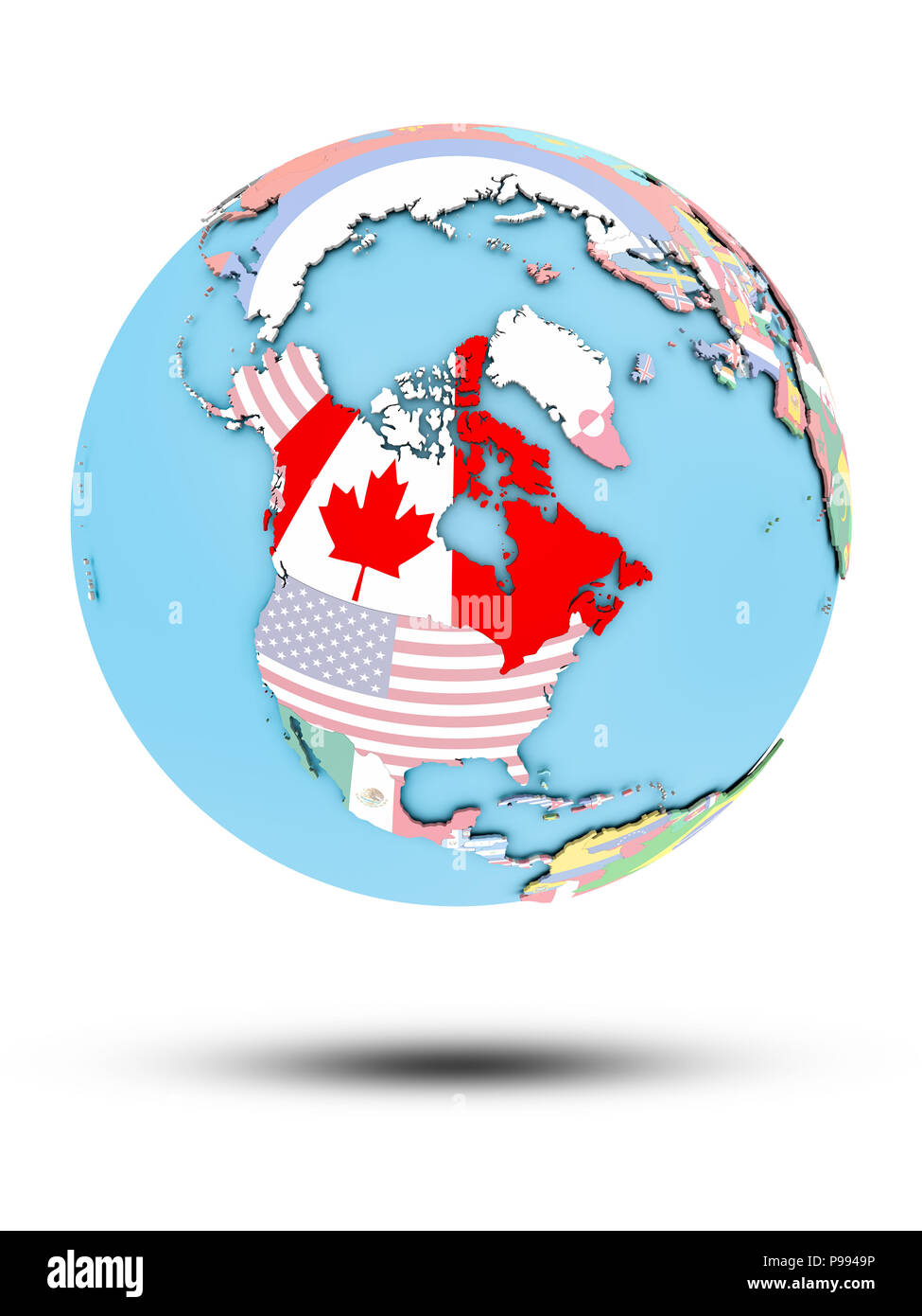 Canada Le monde politique avec les drapeaux nationaux isolé sur fond blanc. 3D illustration. Banque D'Images