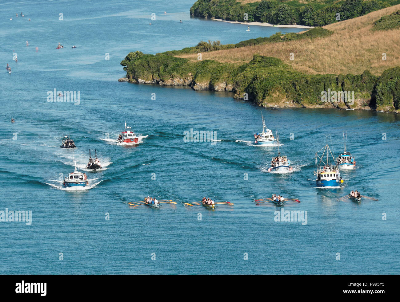 Pilote traditionnel Concert concours d'aviron pour Atkinson,Trophée de la rivière Gannel à Port de Newquay, Royaume-Uni, Juillet 14th, 2018 Robert Taylor/Alamy Live News. Newquay, Banque D'Images