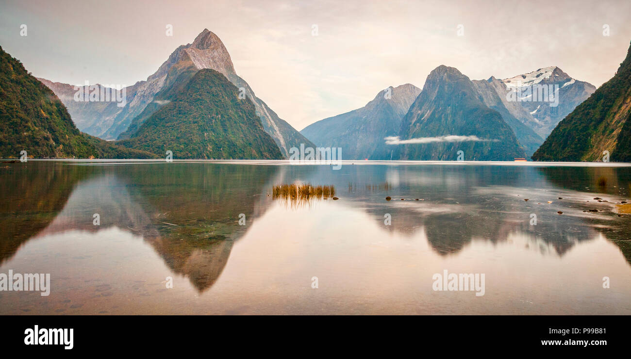 La lumière du matin sur la Mitre Peak et les montagnes environnantes à Milford Sound, Fiordland, dans l'île Sud de la Nouvelle-Zélande. Banque D'Images