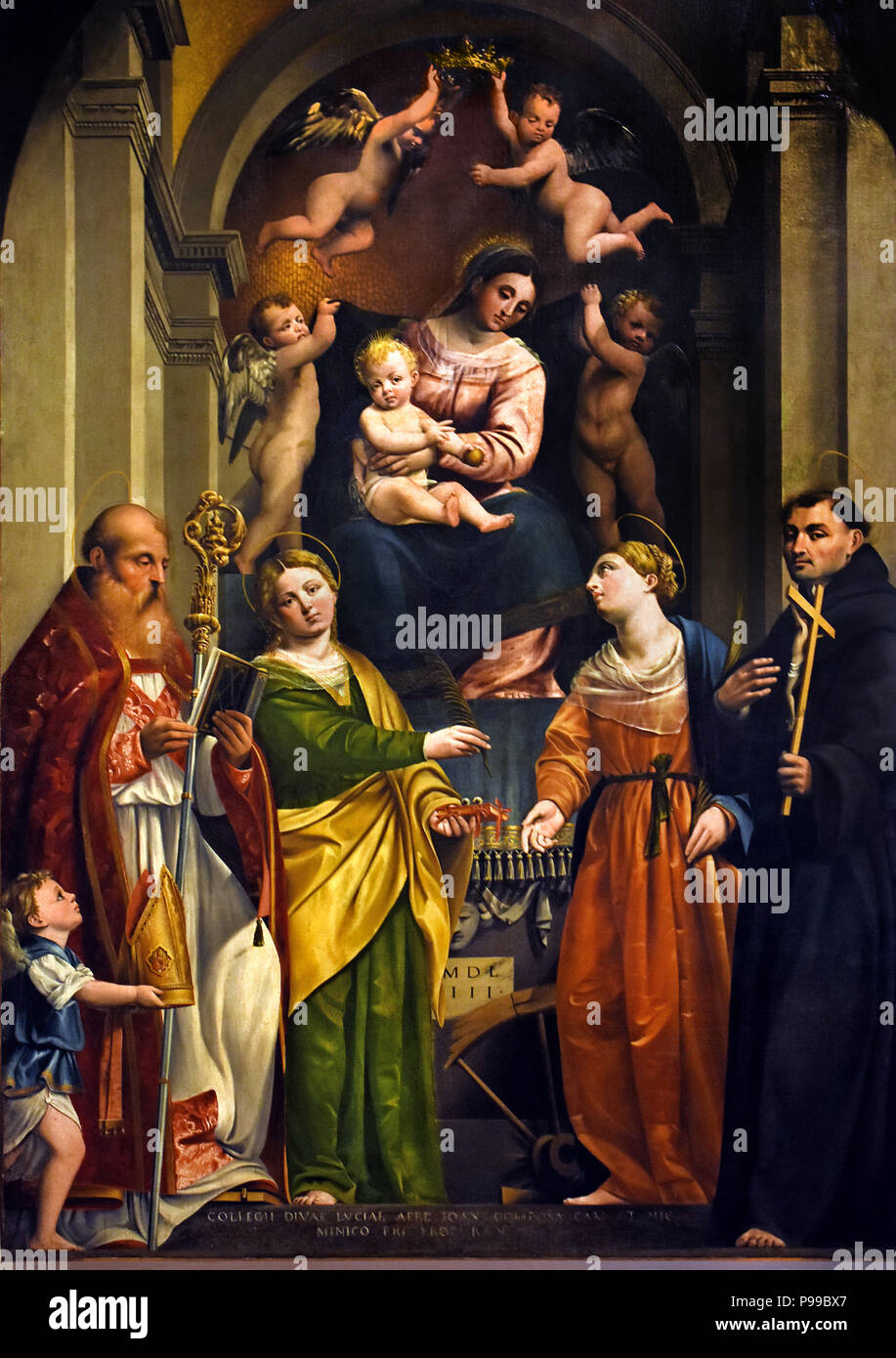 Madonna Enthroned avec enfant entre les Saints Augustin, Lucy, Catherine d'Alexandrie et Nicolas de Tolentino, par BERNARDINO BLACEO 1510-1570 Padoue, Italie Italien Banque D'Images