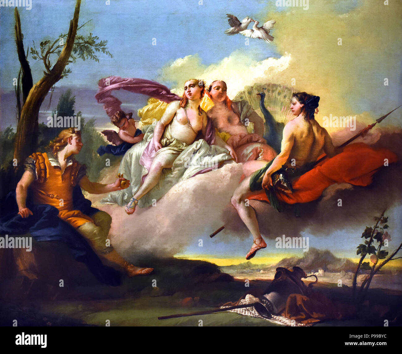 Giudizio di Paride - Jugement de Paris, Giovanni Scajario ( Scajaro Scagliaro,,, Scaggiaro 1726-1792), peintre italien de la période Rococo, principalement active dans Venise. L'Italie, l'italien. ( Le Jugement de Paris est une histoire de la mythologie grecque, qui était l'un des événements qui ont mené jusqu'à la guerre de Troie et à la fondation de Rome. ) Banque D'Images