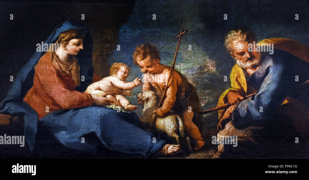 Sacra Famiglia e san Giovannino - Sainte Famille et Saint John par Nicolò Grassi - Nicola Grassi (1682 - 1748), peintre italien, actif dans un fin-Baroque ou Rococo, Italie. Banque D'Images
