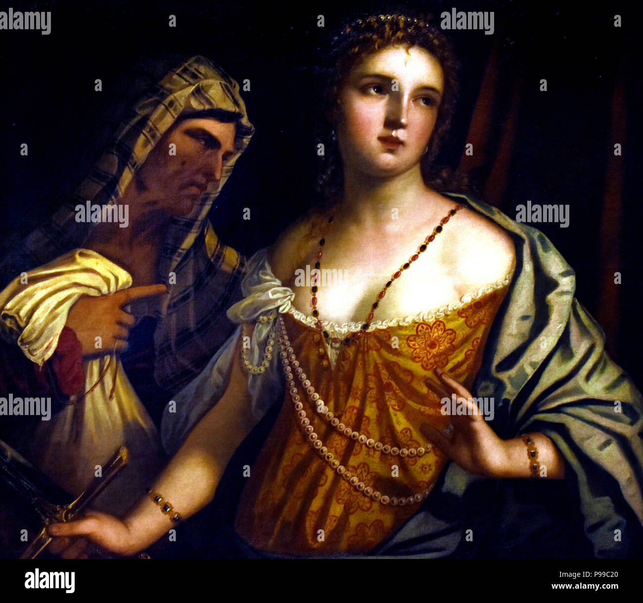 Giuditta con l'ancella - Judith avec la femme de chambre, par Padovanino ou Varotari Alessandro Leone ( Padovanino ) 1588 - 1649 , peintre italien de la fin-début-Baroque et maniériste de l'école de Venise, Italie Banque D'Images