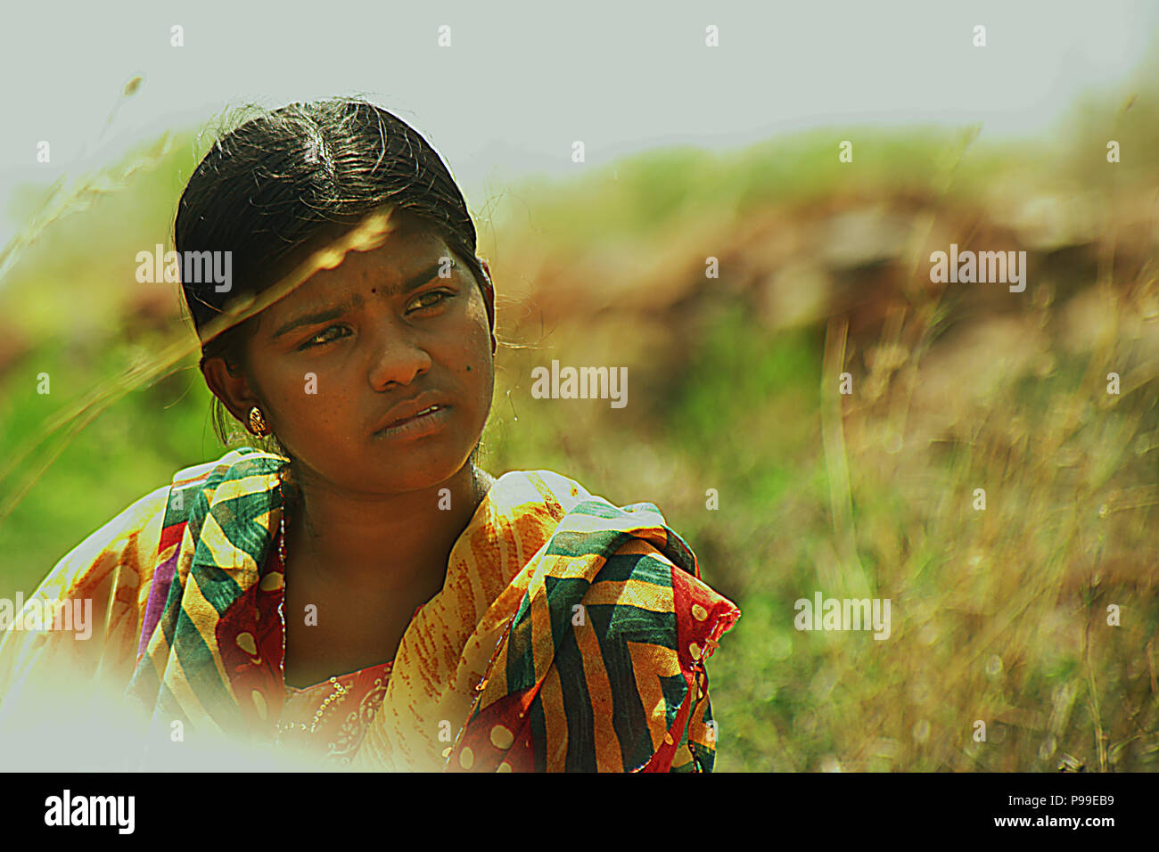 Happy smiling indian village femmes assis à une rizière dans la campagne. Banque D'Images