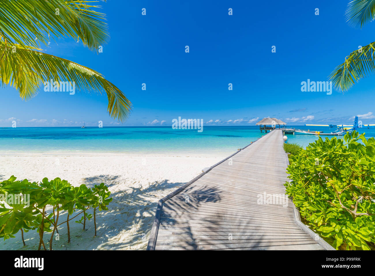 Maldives island, l'eau de luxe villas resort et jetée en bois. Beau Ciel et nuages et fond de plage d'été vacances et voyage Banque D'Images