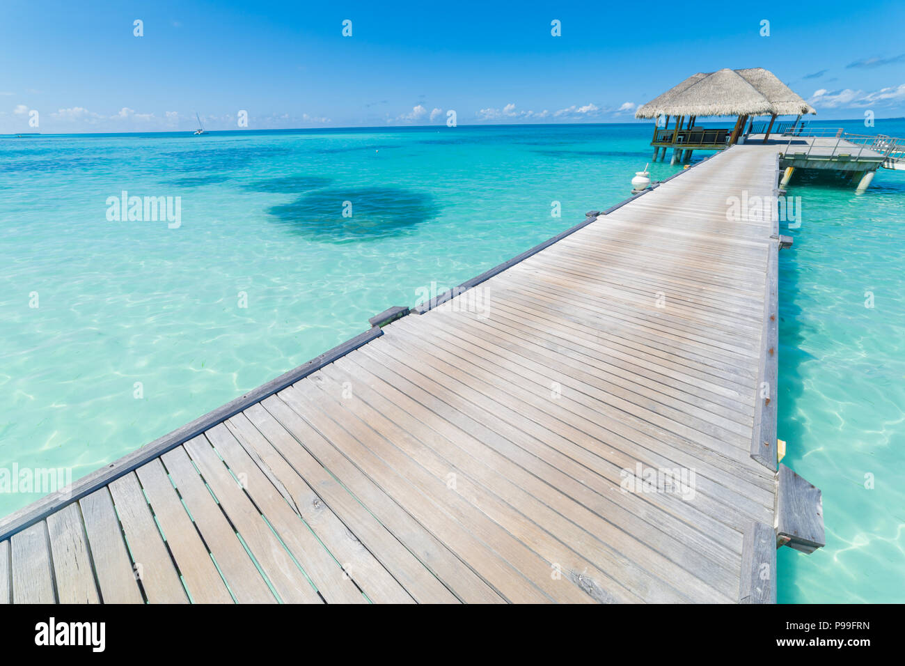 Luxury bungalows sur pilotis dans la mer tropicale sous ciel bleu. Arrière-plan de vacances tranquille Banque D'Images