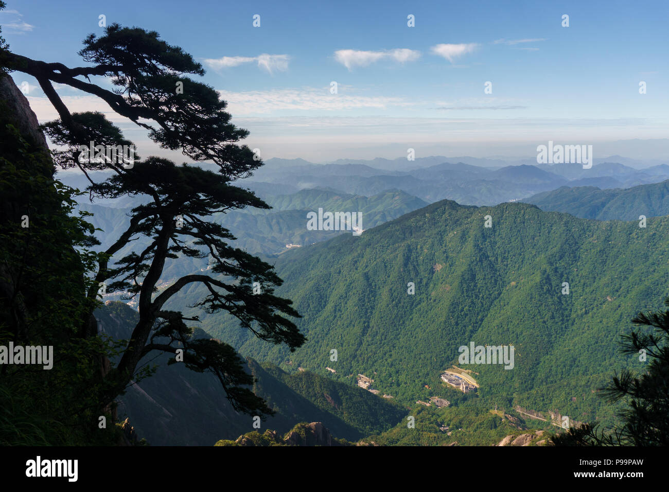 Vue sur les contreforts de Huansgan sur le pin tzpique depuis le sommet de la capitale céleste, l'est de la Chine, Anhui. Banque D'Images