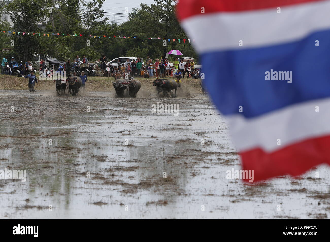 La Thaïlande. 15 juillet, 2018. La concurrence sur les jockeys Chonburi buffalo festival annuel de la course dans la province de Chonburi, à l'est de Bangkok le 15 juillet 2018. Chaiwat Subprasom Crédit :/Pacific Press/Alamy Live News Banque D'Images