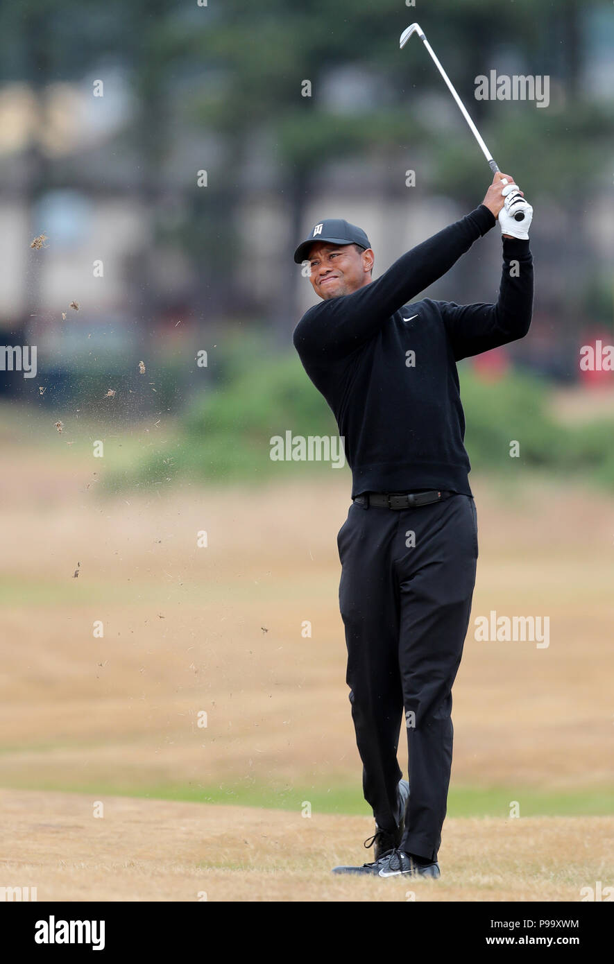 Tiger Woods au cours de l'aperçu de la deuxième journée de l'Open Championship 2018 à Carnoustie Golf Links, Angus. Banque D'Images