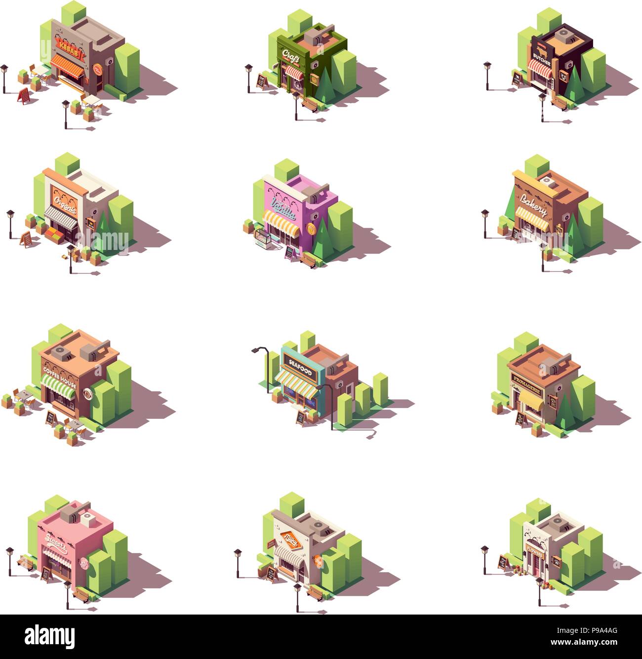 Boutiques isométrique vectoriel icon set Illustration de Vecteur