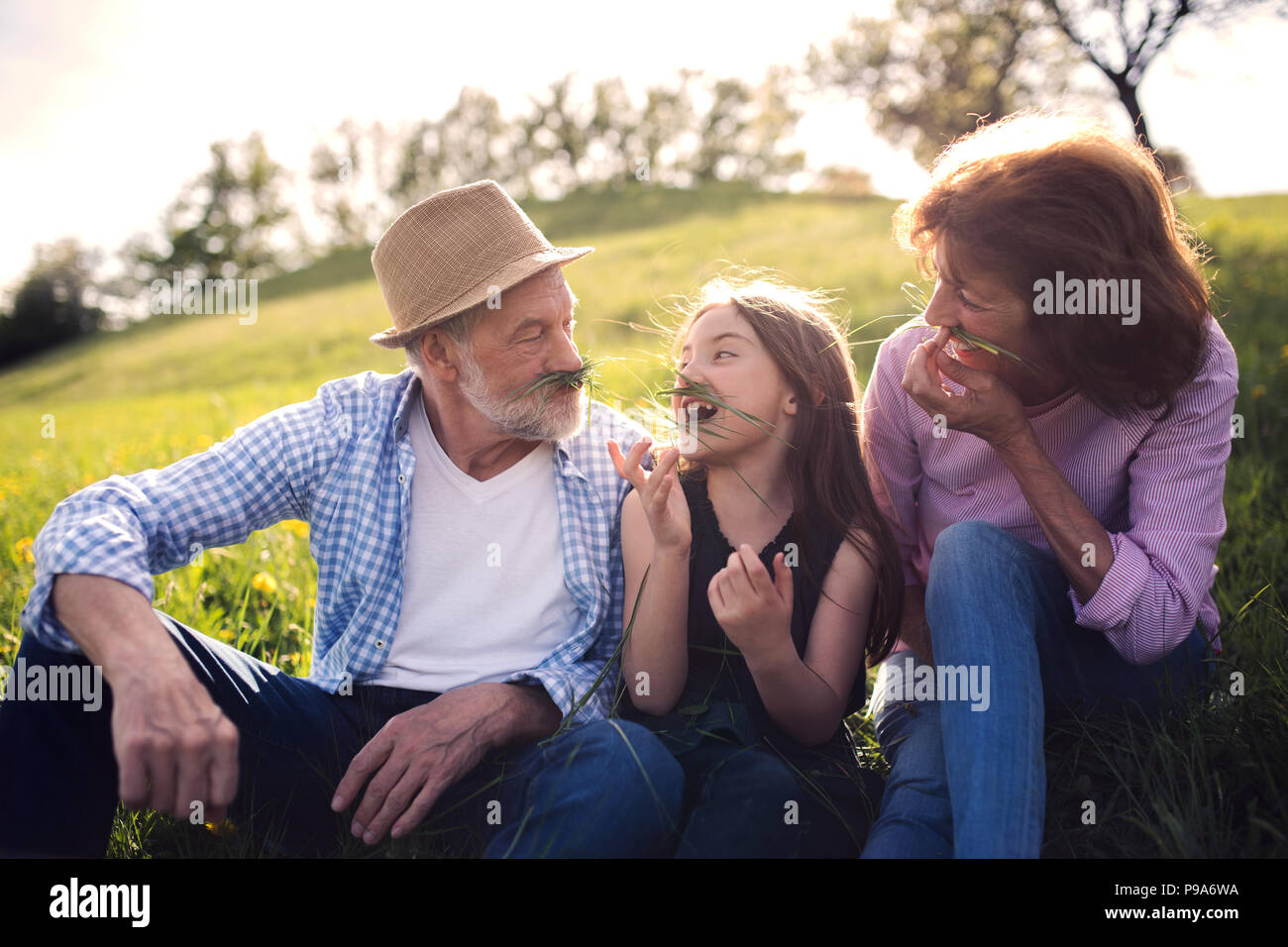 Couple avec sa petite-fille à l'extérieur au printemps de la nature, de détente sur l'herbe. Banque D'Images