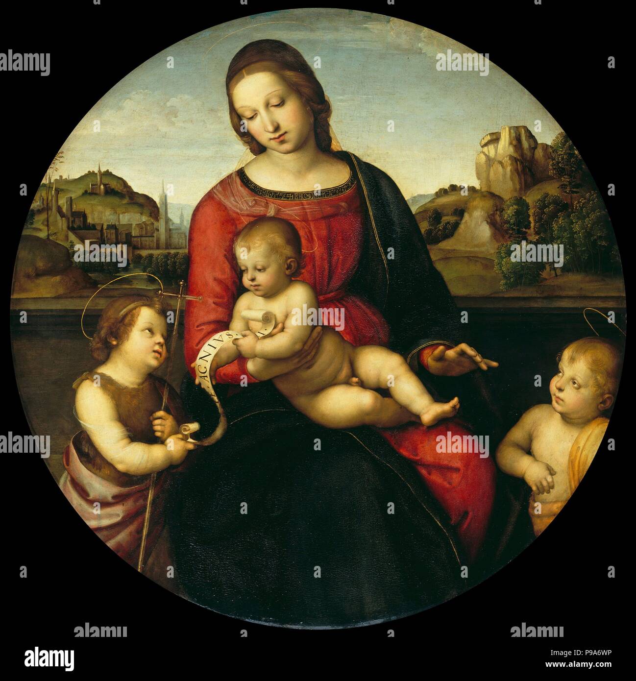 Marie avec l'enfant, Jean le Baptiste et un garçon Saint (Madonna Terranuova). Musée Staatliche Museen, Berlin :. Banque D'Images