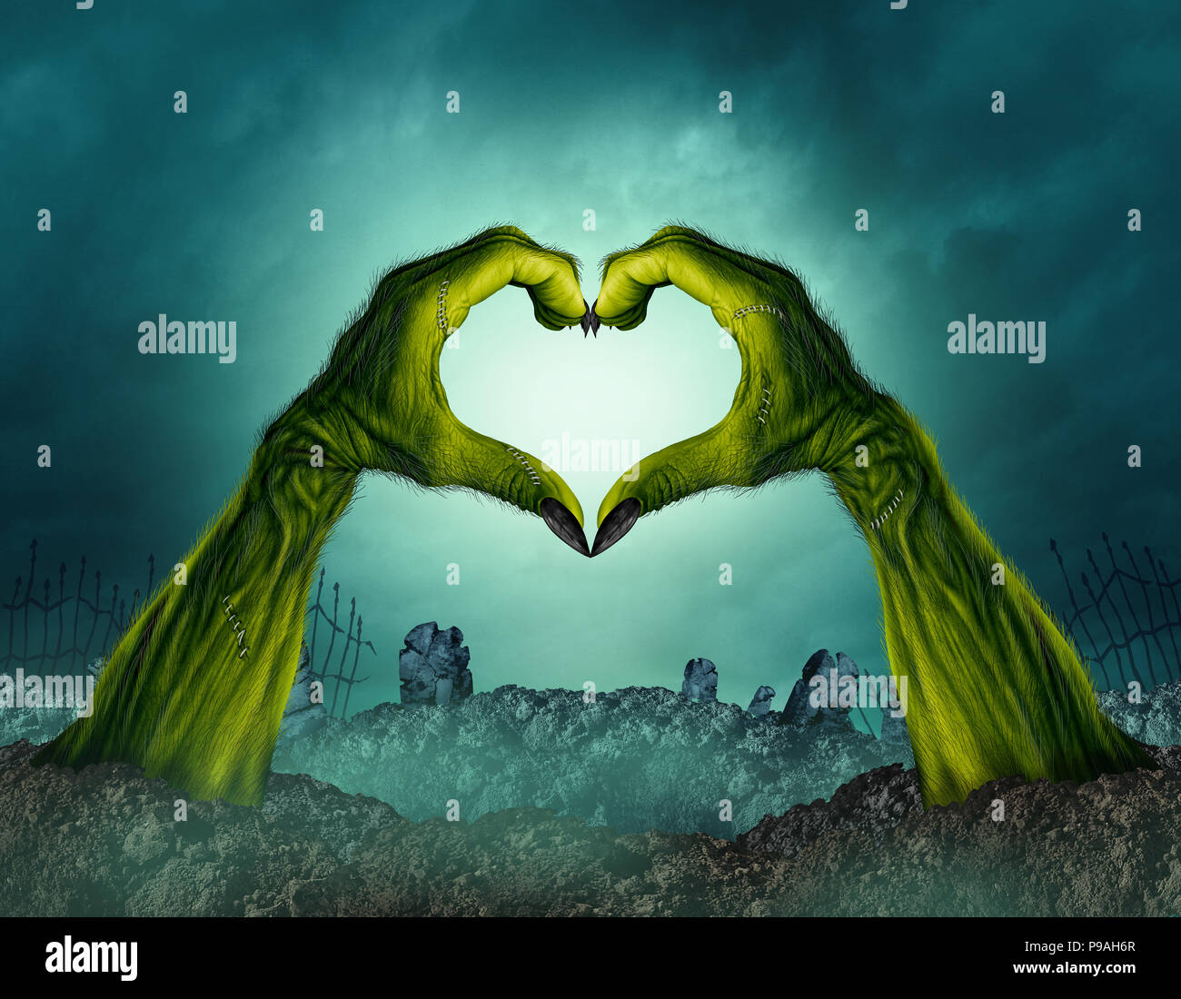 Forme de coeur main Zombie dans un cimetière de nuit creepy contexte comme un bras sortant d'halloween vert un cimetière tombe ou effrayant symbole dans une illust 3D Banque D'Images
