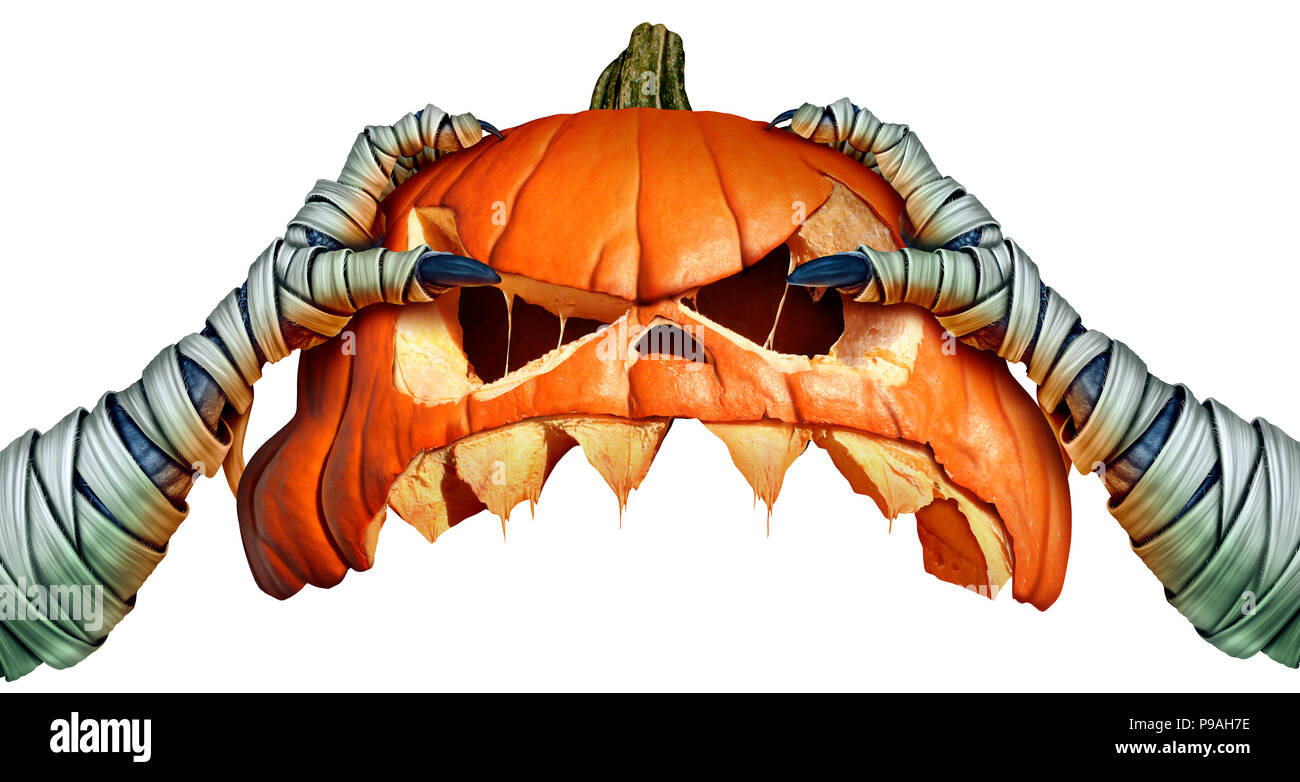 Maman monster halloween citrouille creepy main tenant une tête de citrouille Jack o lantern c'est comme un symbole de l'horreur et halloween rituel saisonnier. Banque D'Images