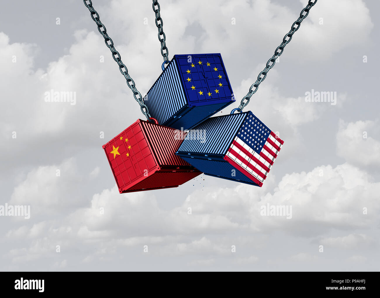 Chine Europe États-unis guerre commerciale métaphore d'affaires chinois et américains et européens tarif différend comme un problème économique. Banque D'Images