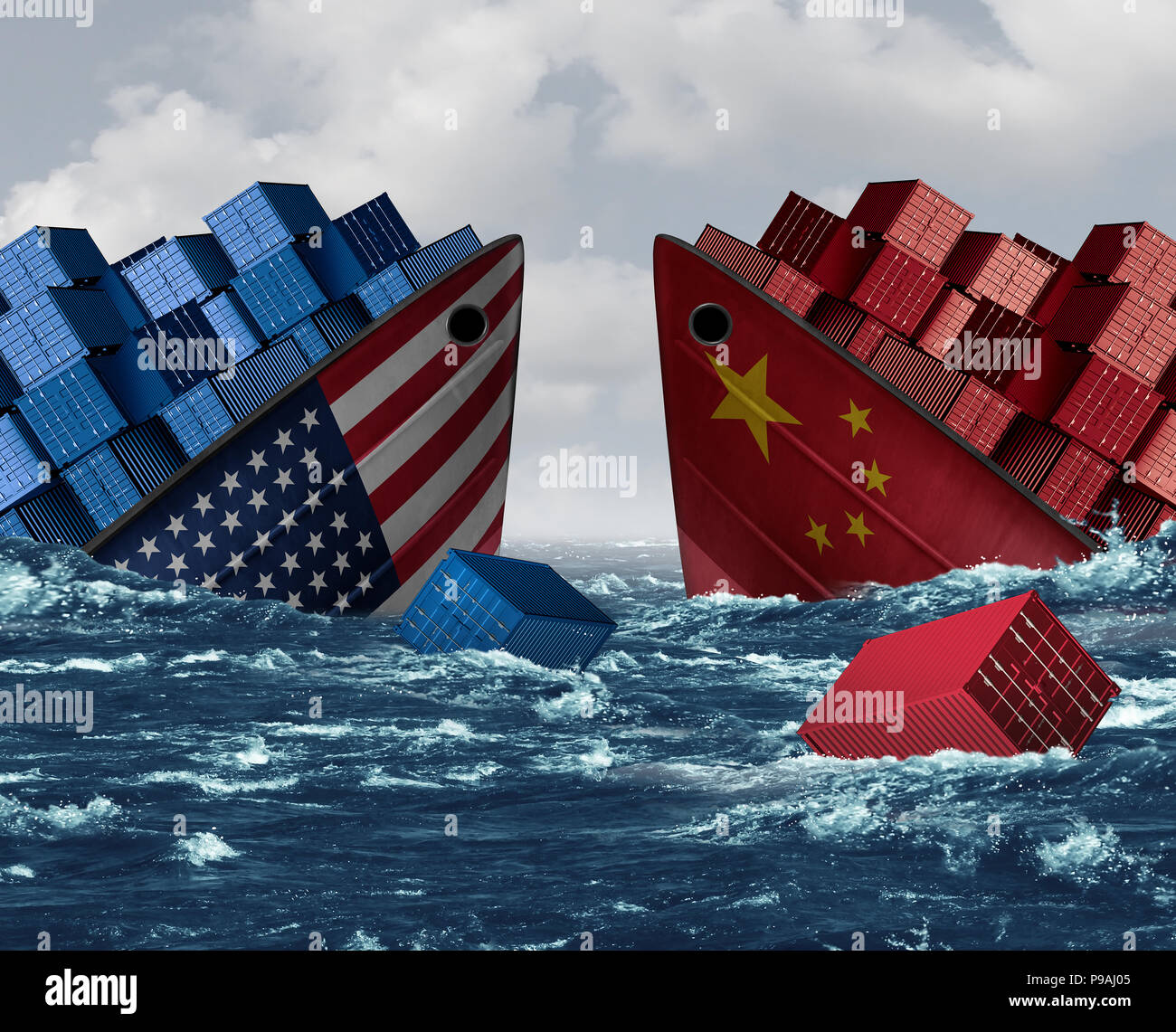 Chine États-Unis guerre commerciale américaine et des risques ou les tarifs tarif chinois comme deux navires cargo comme une imposition économique différend. Banque D'Images