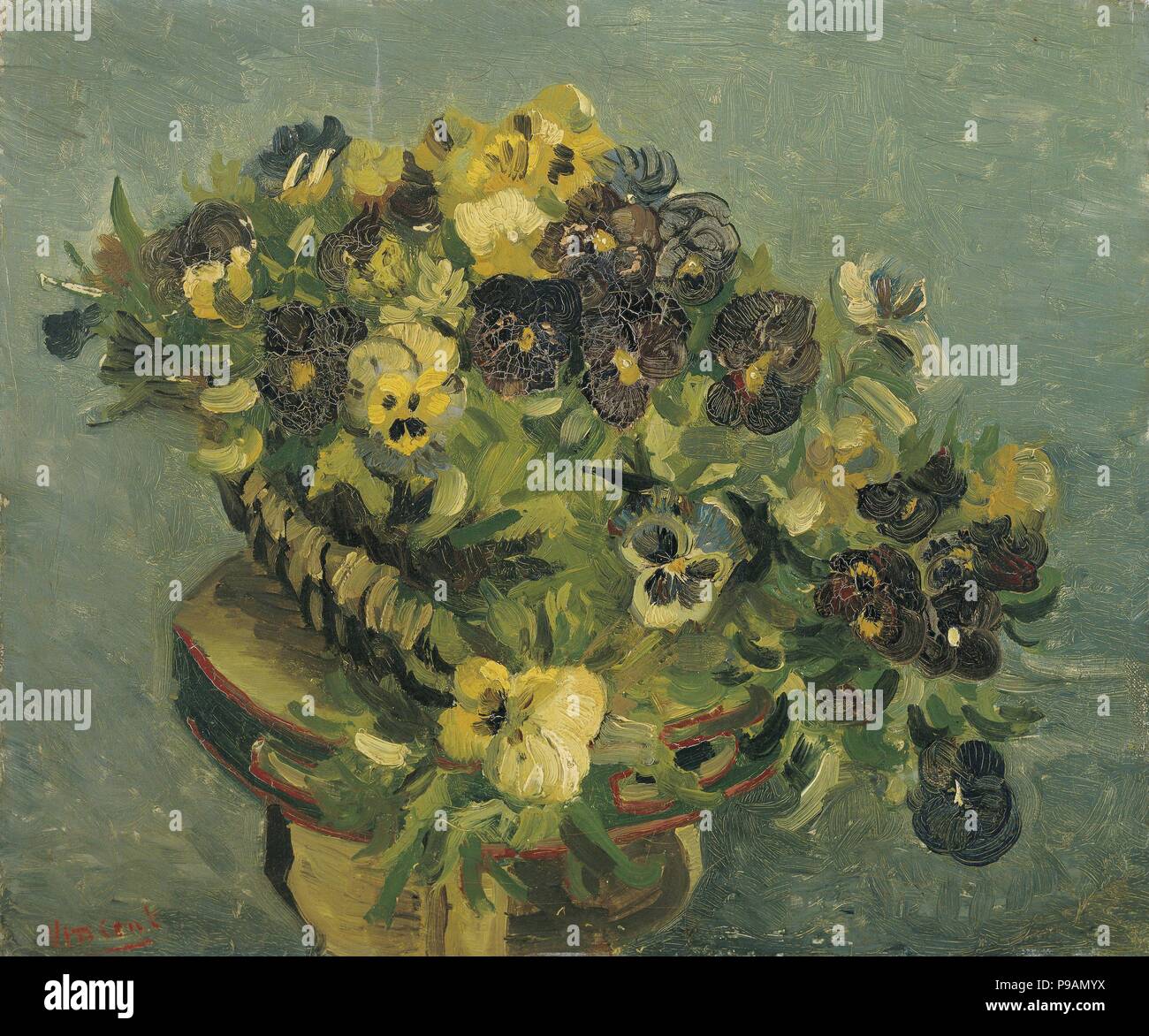 Panier de pensées sur une petite table. Musée : Musée Van Gogh, Amsterdam. Banque D'Images