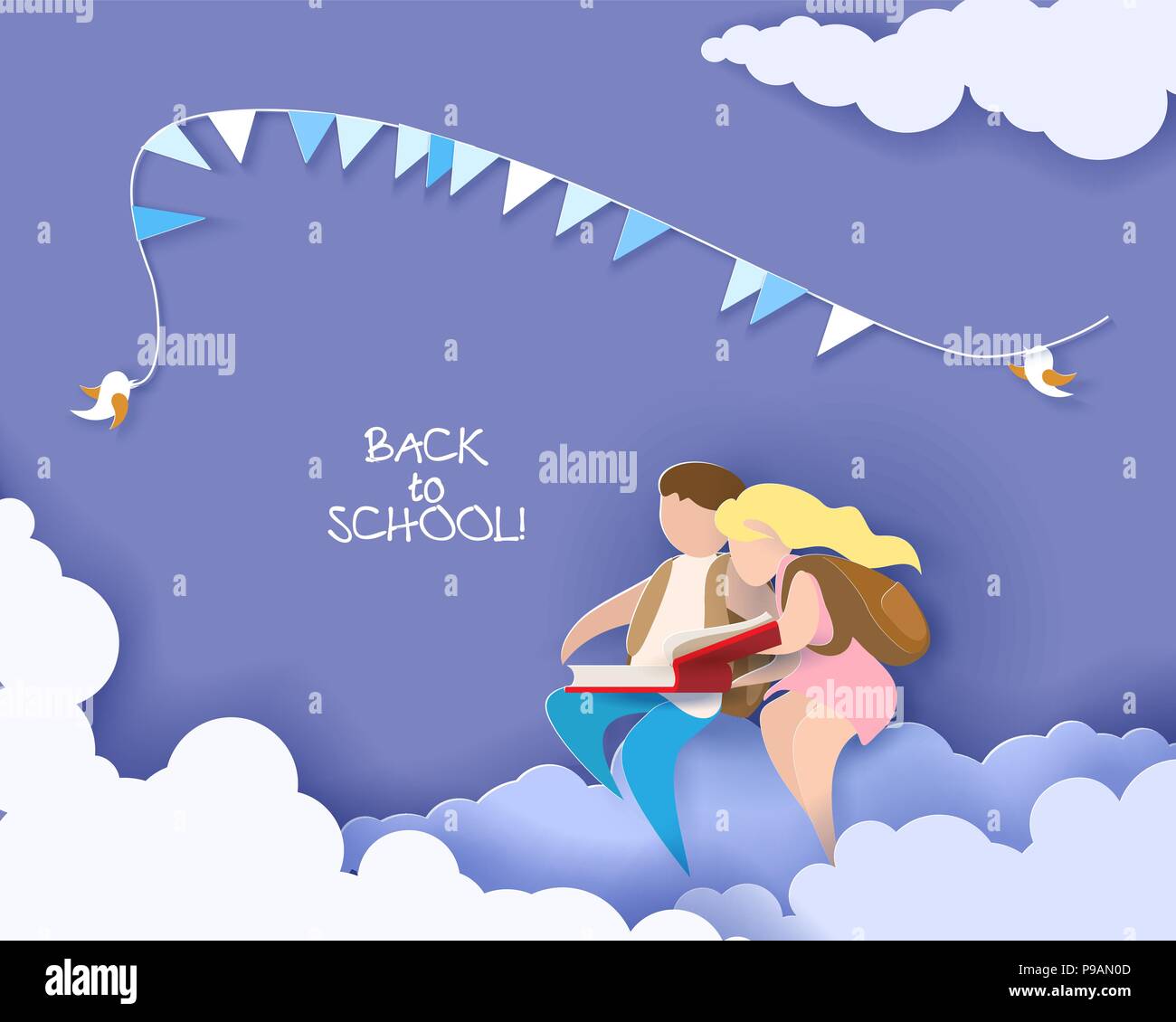 Retour à l'école 1 septembre carte avec boy and girl reading book et assis sur les nuages. Vector illustration. Coupe papier et de l'artisanat traditionnel. Illustration de Vecteur