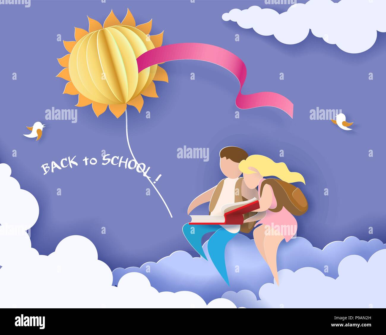 Retour à l'école 1 septembre carte avec boy and girl reading book et assis sur les nuages. Vector illustration. Coupe papier et de l'artisanat traditionnel. Illustration de Vecteur