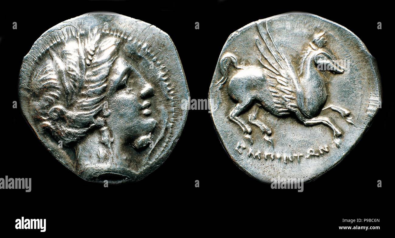 Drachme d'Emporion. Avers : Tête de Perséphone. Inverse : Pegasus. Musée : Etat de l'Ermitage, Saint-Pétersbourg. Banque D'Images