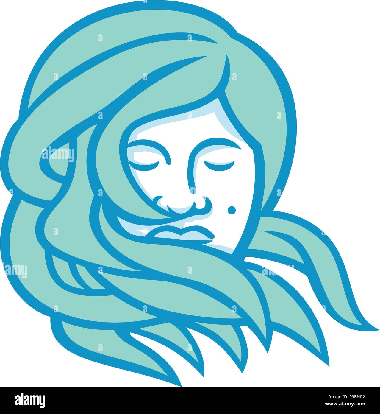 Ligne Mono illustration d'un visage d'une femme polynésienne aux longs cheveux vue de l'avant ensemble à l'intérieur du cercle fait dans le style de produit unique. Illustration de Vecteur