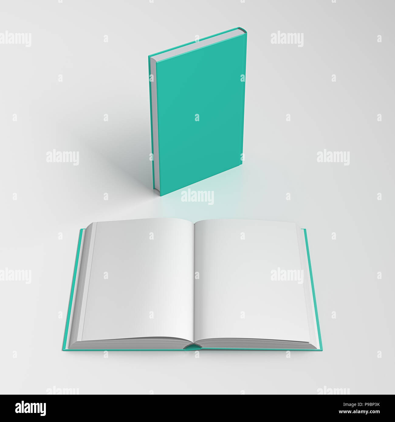 Livres ouverts et fermés avec couvercle turquoise et des pages vierges isolé sur fond blanc.  : Chemin de détourage autour de chaque livre. 3D render Banque D'Images