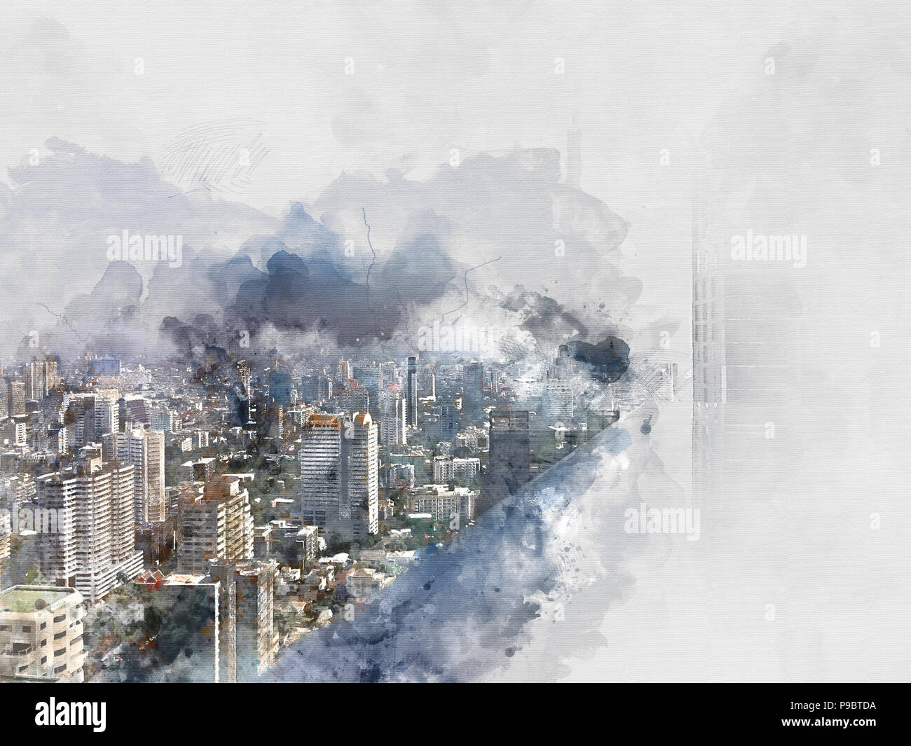 Résumé des capacités dans la ville sur fond de peinture à l'aquarelle. Illustration numérique sur la ville de brosse l'art. Banque D'Images