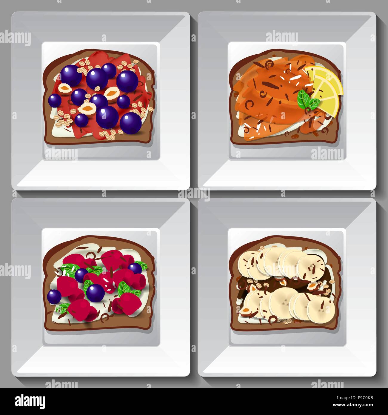 Sandwichs sucré avec des baies, fruits, noix, céréales et chocolat Illustration de Vecteur