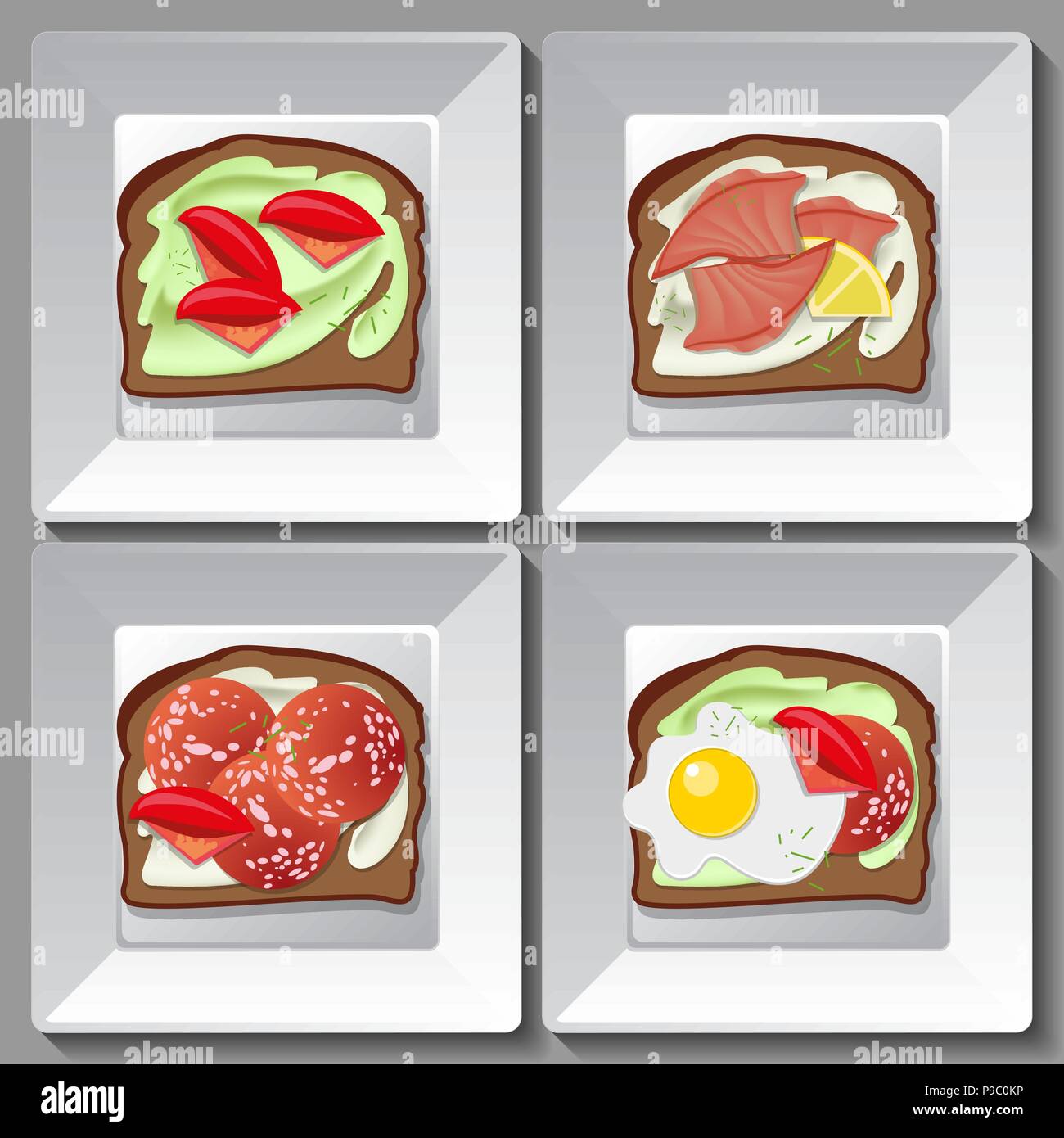 Sandwiches avec du saumon, du salami, des tomates citron oeuf Illustration de Vecteur