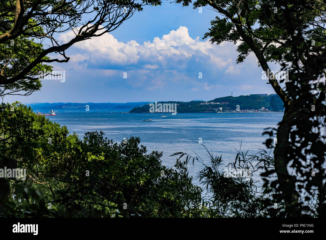 Le parc et le phare Kannonzaki de vue à travers les arbres de Sarushima, une petite île naturelle sur la baie de Tokyo. Banque D'Images