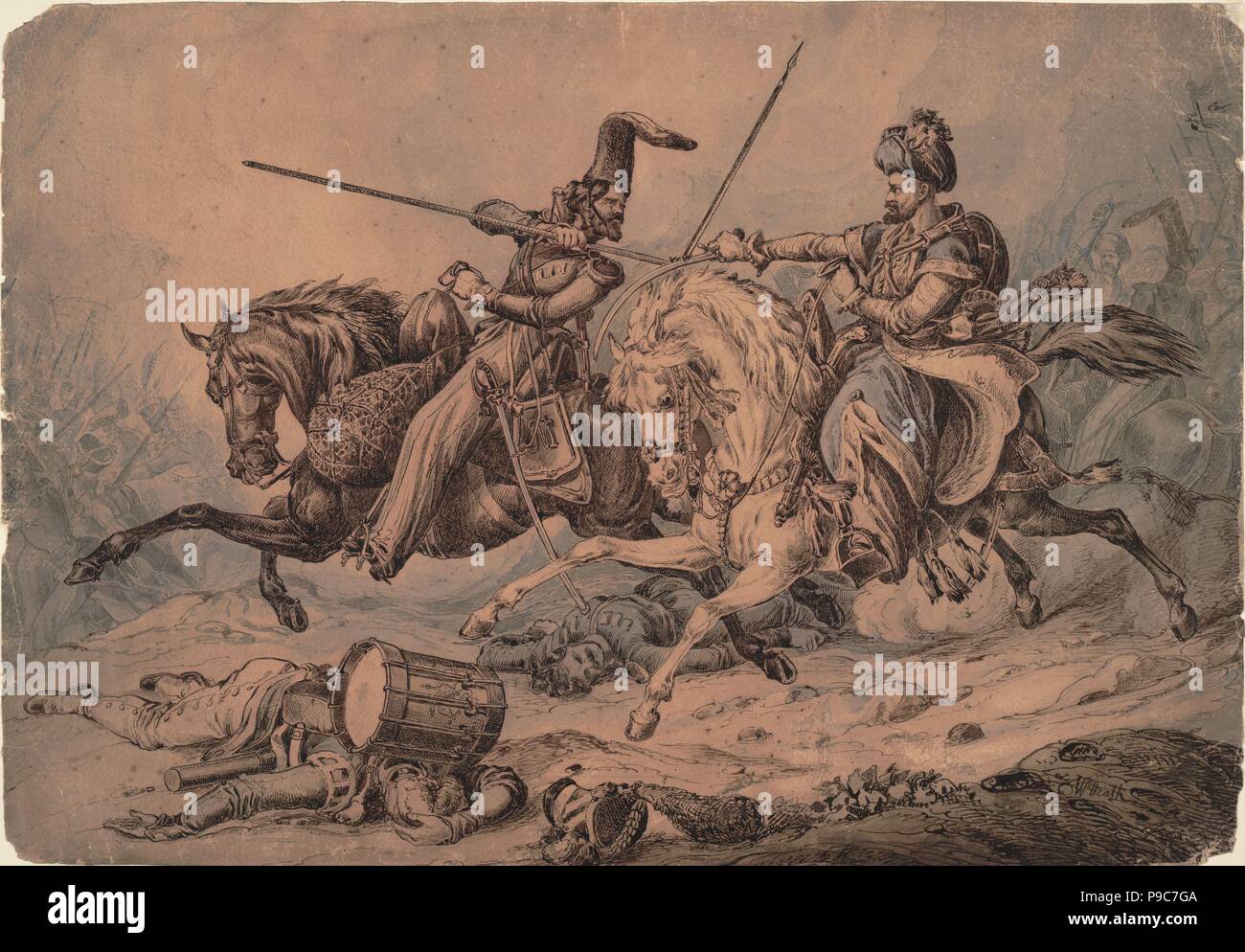 Cosaque russe au combat avec un Mameluk. Musée : collection privée. Banque D'Images
