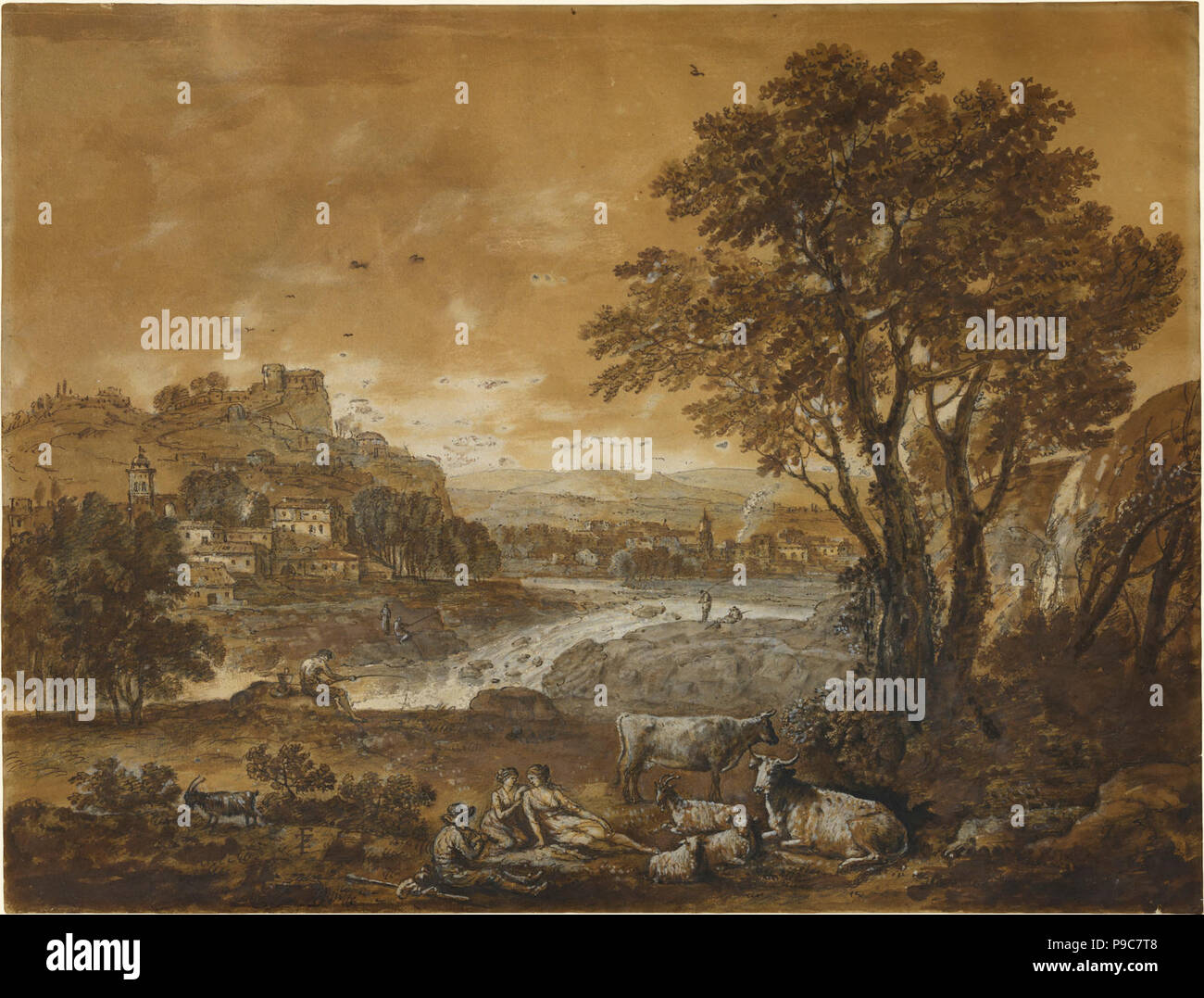 Un paysage avec bergers Se reposant sous un arbre par une cascade. Un paysage avec bergers Se reposant sous un arbre par une Cascade (recto) ; Francesco Zuccarelli (Italien, 1702 - 1778) ; milieu des années 1700 ; craie noire, plume et encre brune, brun et gris laver rehaussée de gouache blanche (recto) ; craie noire (verso) ; 47,8 x 63 cm (18 13/16 x 24 13/16 po.) ; 2000.61 Banque D'Images